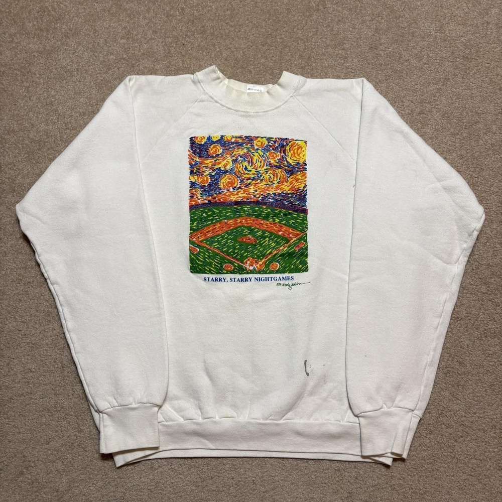 Vtg Starry Nightgames Woody Jackson Art Sweatshirt Mens XL White 90s Baseball